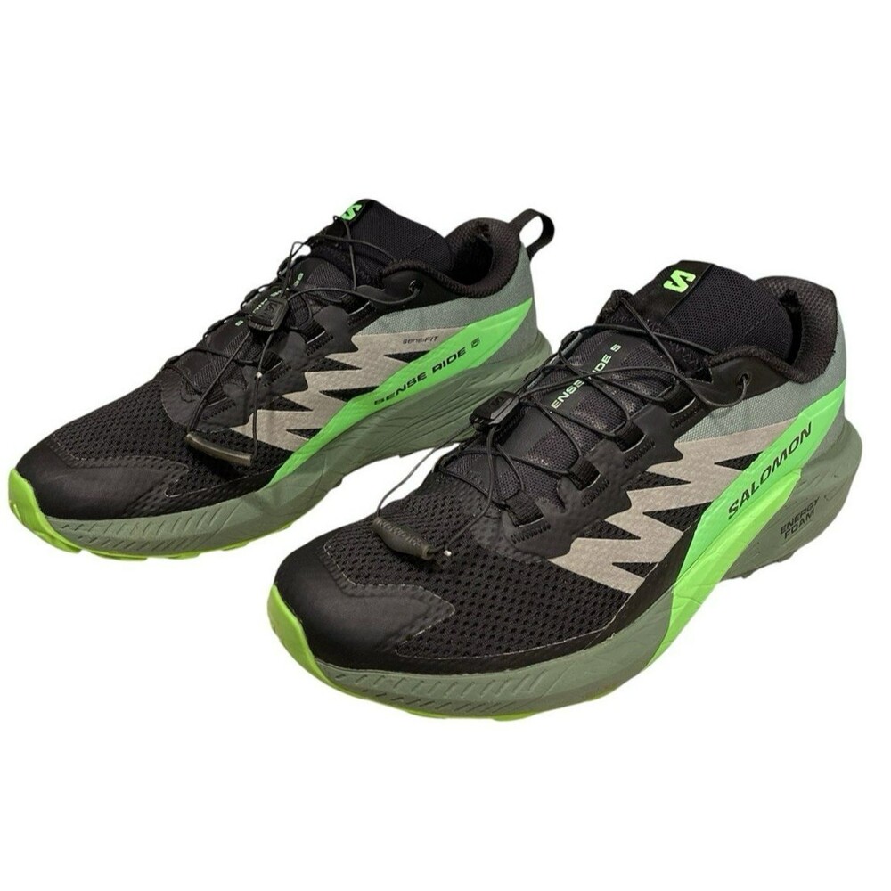 Salomon Sense Ride 5 Mens Trail Running Shoes Black Green Quicklace US 10/EU 44